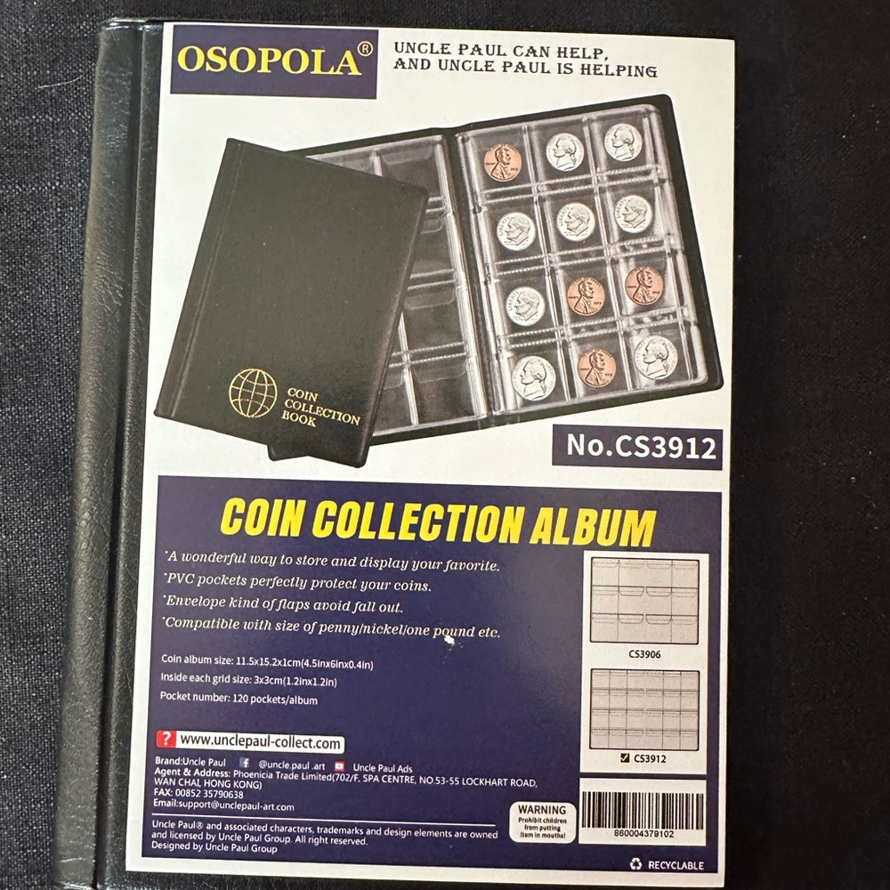 OSOPOLA coin storage album, 120 pocket, coin collecting holder, black